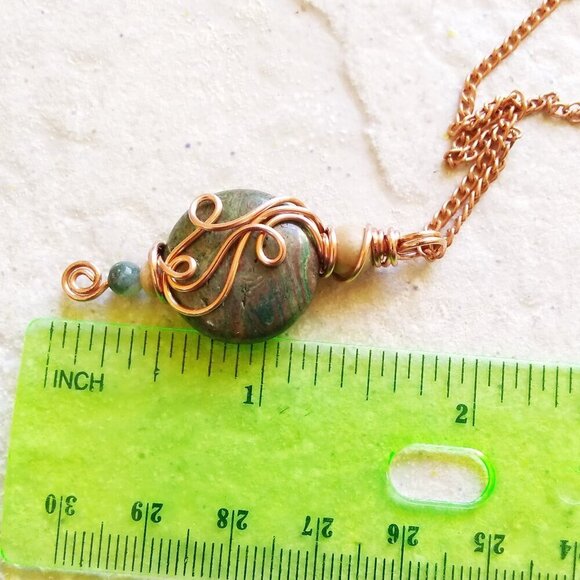 Unique! Handmade Stacked Green Jasper Pendant - Copper Wire Wrap Design + Chain - Picture 5 of 9